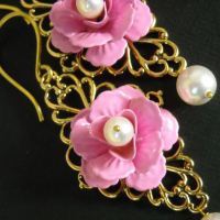 Victorian style Vintage brass enamel pink rose pearl earrings