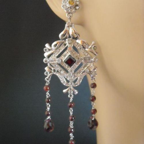 Victorian style earrings, Bridal chandelier silver garnet earrings