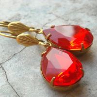 Vintage Fire RED crystal vintage brass Earrings