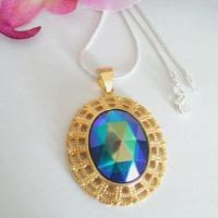 Vintage Peacock Faceted glass pendant golden sterling silver necklace