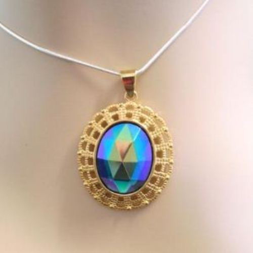 Vintage Peacock Faceted glass pendant golden sterling silver necklace