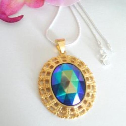 Vintage Peacock Faceted glass pendant golden sterling silver necklace