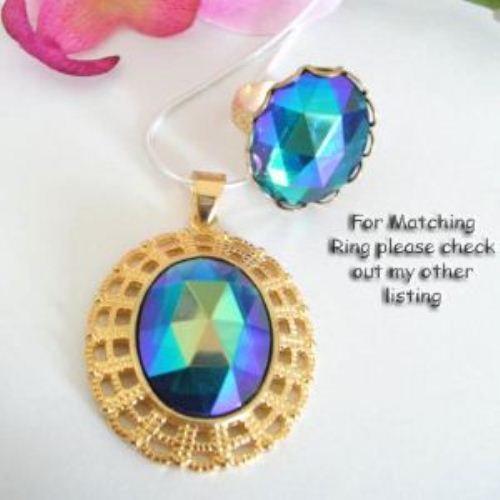 Vintage Peacock Faceted glass pendant golden sterling silver necklace