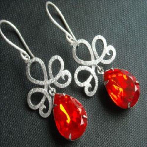 Vintage  RED crystal sterling silver bridal earrings