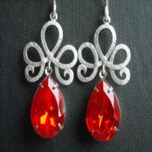 Vintage  RED crystal sterling silver bridal earrings