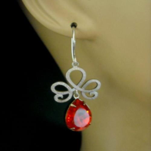 Vintage  RED crystal sterling silver bridal earrings