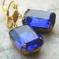 Vintage Sapphire blue glass crystal jewel vintage brass earring