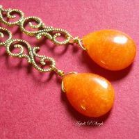 Vintage brass Swirl design orange gemstone drop earrings