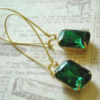 Vintage brass dark green glass Octagon golden earrings