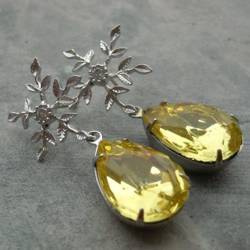 Vintage crystal sterling silver bridal Jonquil canary yellow earrings