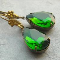 Vintage emerald green crystal vintage brass earrings