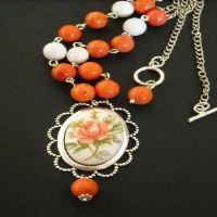 Vintage flower cab sterling silver coral necklace earrings set