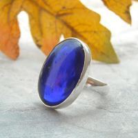 Vintage glass ring, Sapphire blue handmade silver ring