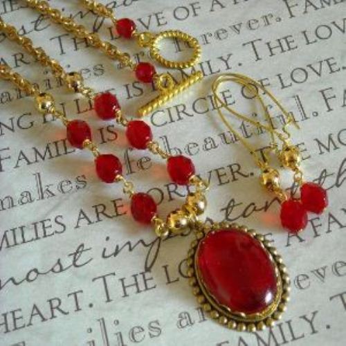 Vintage golden brass Red cab necklace earrings set