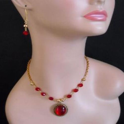 Vintage golden brass Red cab necklace earrings set