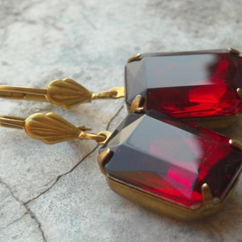 Warm Garnet vintage jewels crystal vintage brass earrings