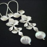 Wedding bridal sterling silver Orchid flower pearl earrings