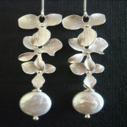 Wedding bridal sterling silver Orchid flower pearl earrings
