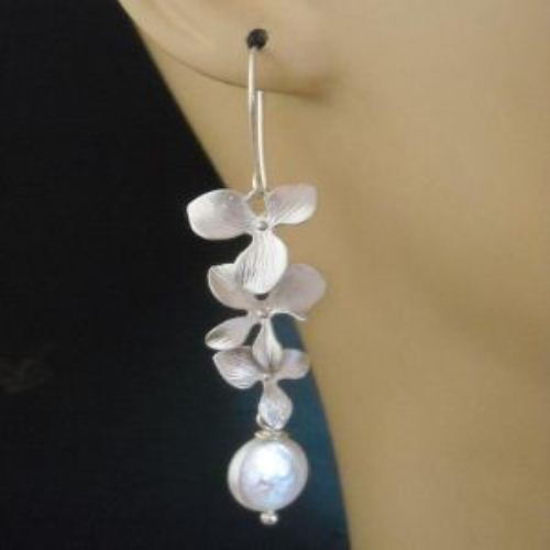 Wedding bridal sterling silver Orchid flower pearl earrings