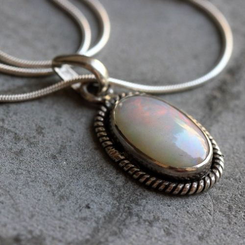 White Opal pendant necklace, Genuine Opal silver pendant