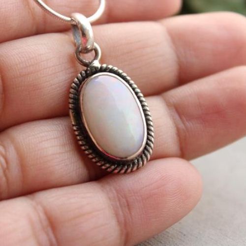 White Opal pendant necklace, Genuine Opal silver pendant