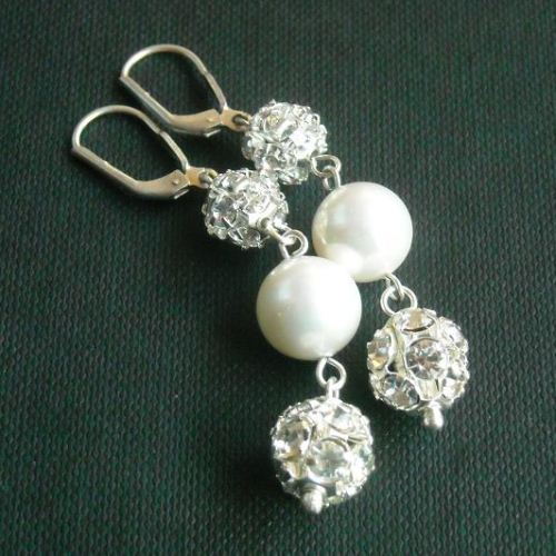 bridal pearl crystal silver earrings