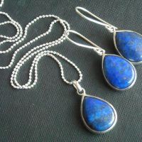 lapis lazuli pendant earrings set, tear drop denim blue jewelry set