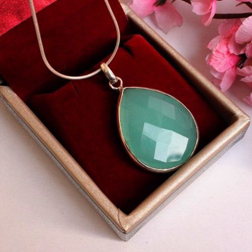 Sea foam green chalcedony, Tear drop silver pendant