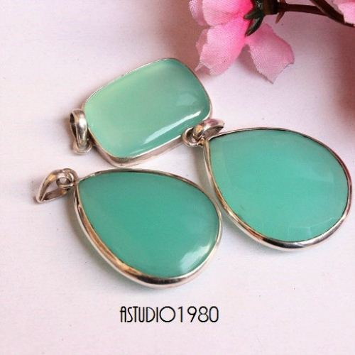 Sea foam green chalcedony, Tear drop silver pendant