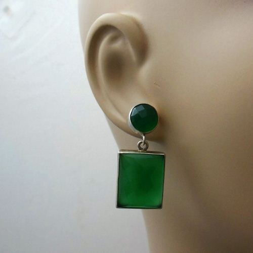 Statement earrings, Faceted Green Onyx silver earrings