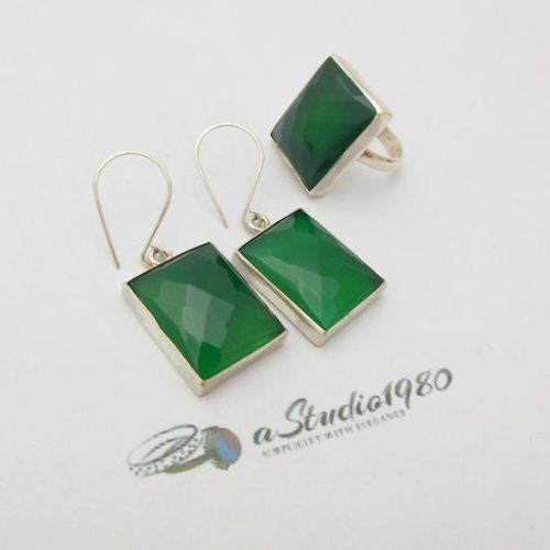 Statement earrings, Faceted Green Onyx silver earrings